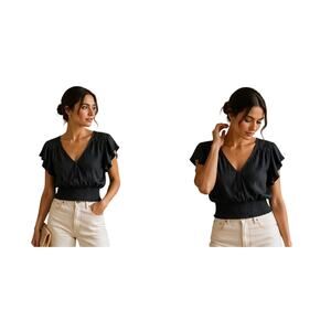 True Craft Black Peplum Smocked Waist Flutter Sleeve Top Size M NWT